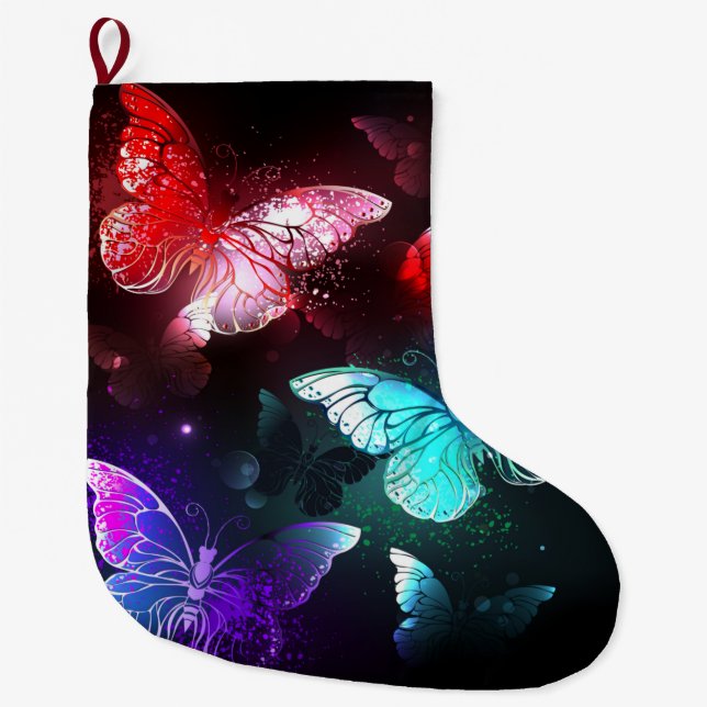Three Glowing Butterflies on night background Large Christmas Stocking (Front)
