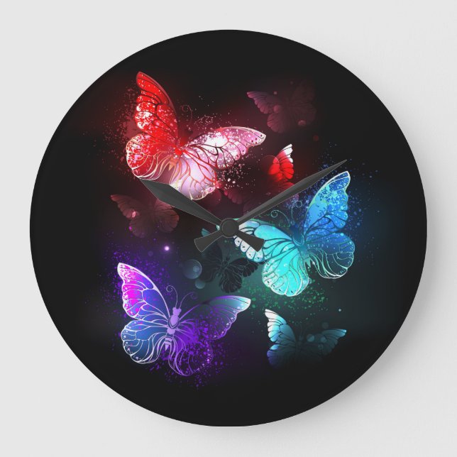Three Glowing Butterflies on night background Large Clock (Front)