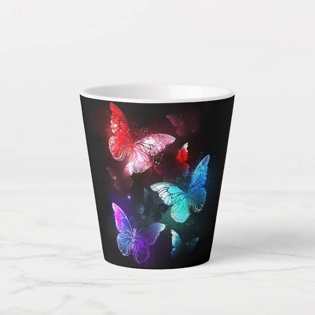 Three Glowing Butterflies on night background Latte Mug (Front)