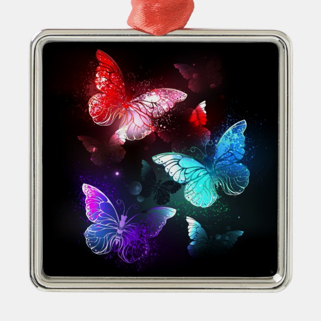 Three Glowing Butterflies on night background Metal Ornament (Front)