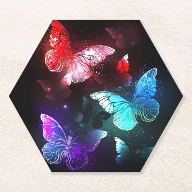 Three Glowing Butterflies on night background Paper Coaster (Front)