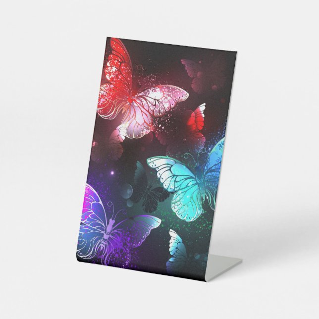 Three Glowing Butterflies on night background Pedestal Sign (Front)