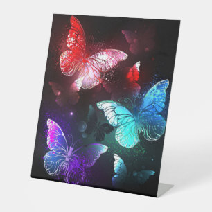 Three Glowing Butterflies on night background Pedestal Sign