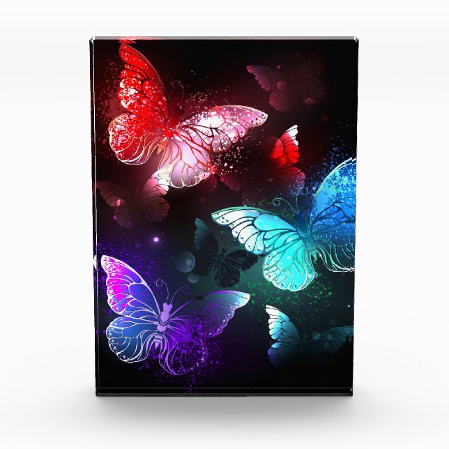 Three Glowing Butterflies on night background Photo Block (Front)