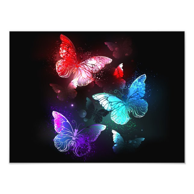Three Glowing Butterflies on night background Photo Print (Front)