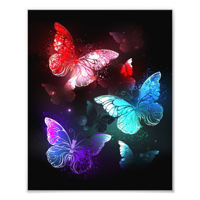 Three Glowing Butterflies on night background Photo Print (Front)