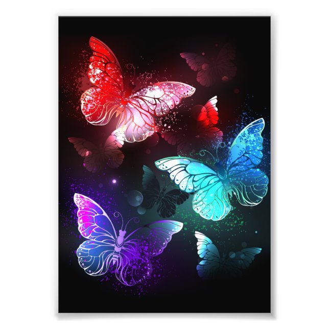 Three Glowing Butterflies on night background Photo Print (Front)