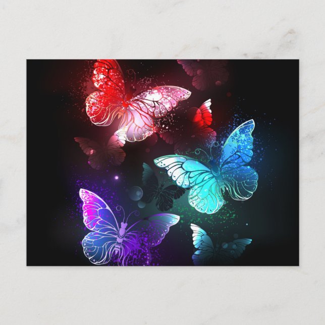 Three Glowing Butterflies on night background Postcard (Front)