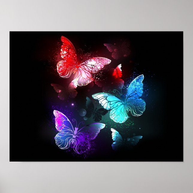 Three Glowing Butterflies on night background Poster (Front)