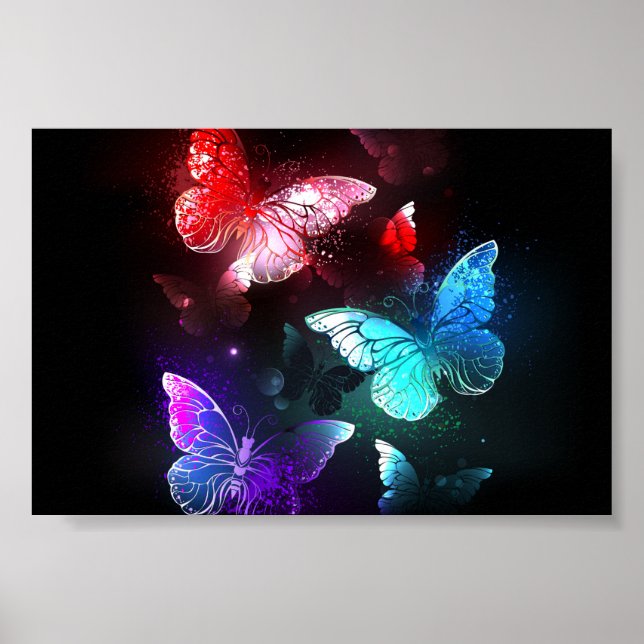 Three Glowing Butterflies on night background Poster (Front)