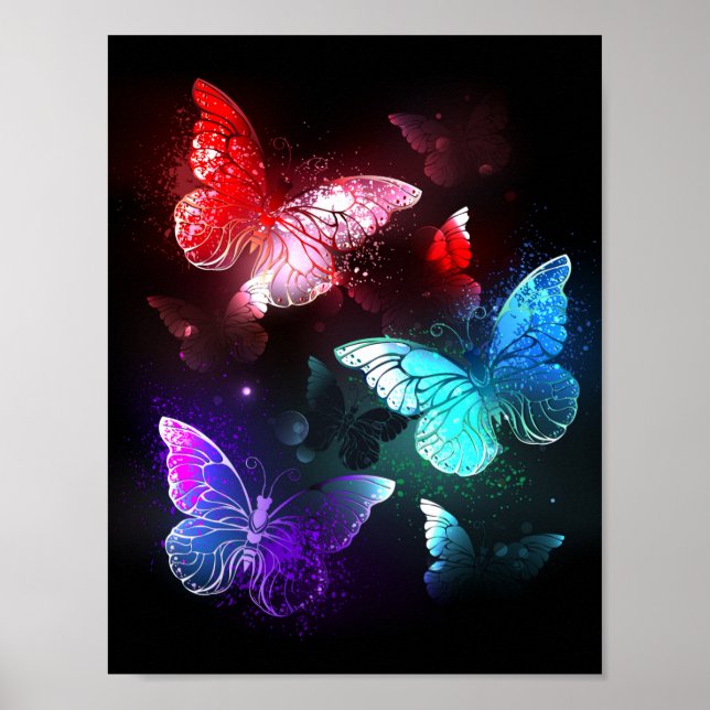 Three Glowing Butterflies on night background Poster (Front)