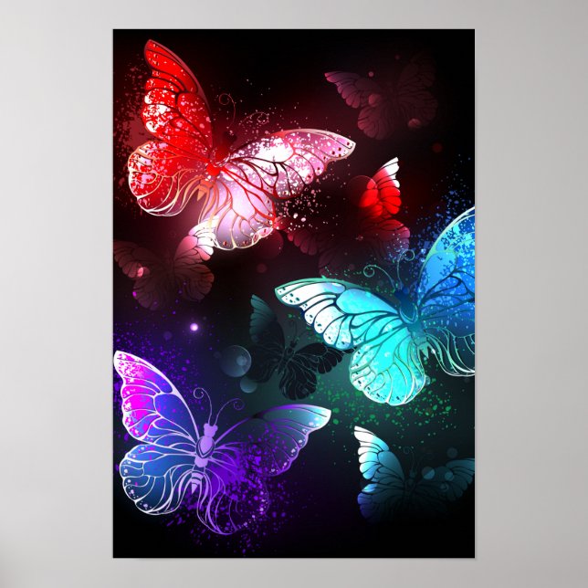 Three Glowing Butterflies on night background Poster (Front)