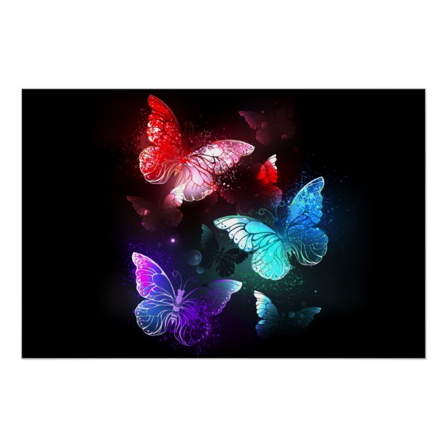 Three Glowing Butterflies on night background Poster (Front)