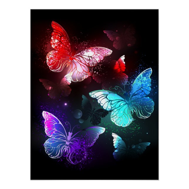 Three Glowing Butterflies on night background Poster (Front)
