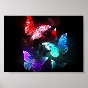 Three Glowing Butterflies on night background Poster