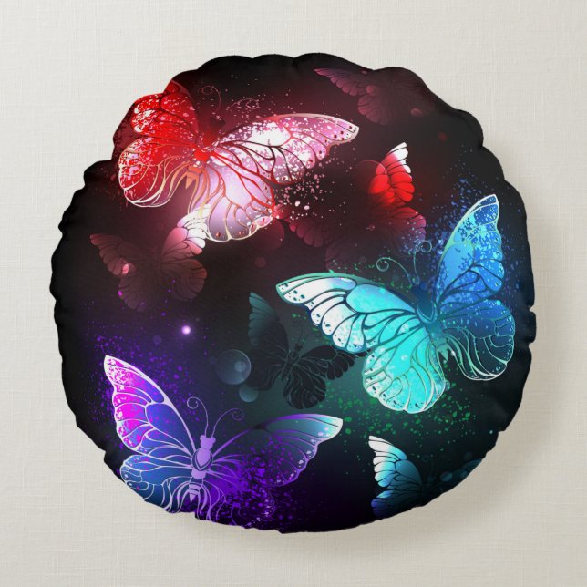 Three Glowing Butterflies on night background Round Cushion (Front)