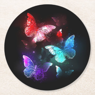 Three Glowing Butterflies on night background Round Paper Coaster