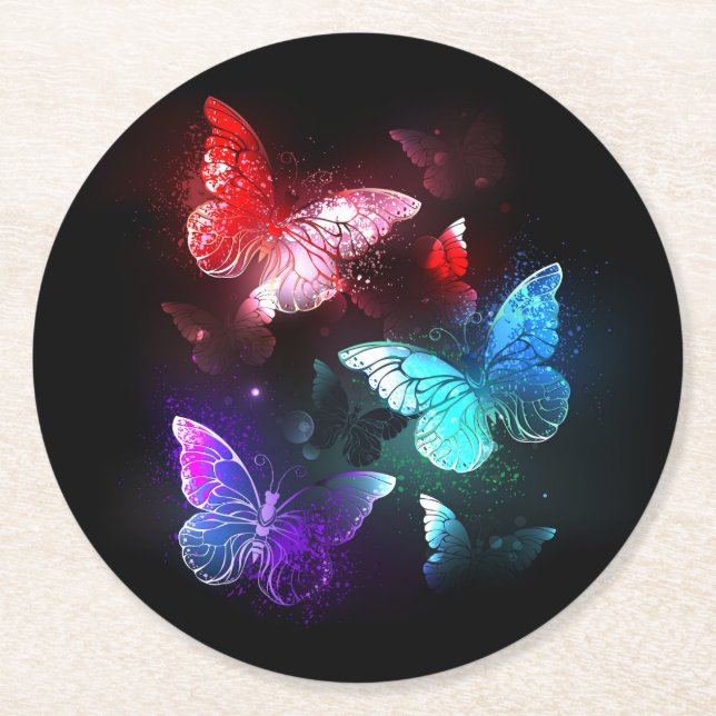 Three Glowing Butterflies on night background Round Paper Coaster (Front)