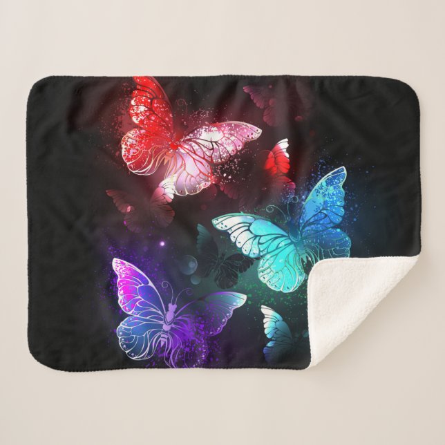 Three Glowing Butterflies on night background Sherpa Blanket (Front (Horizontal))