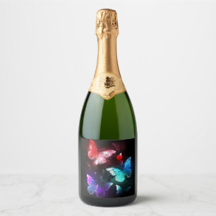Three Glowing Butterflies on night background Sparkling Wine Label