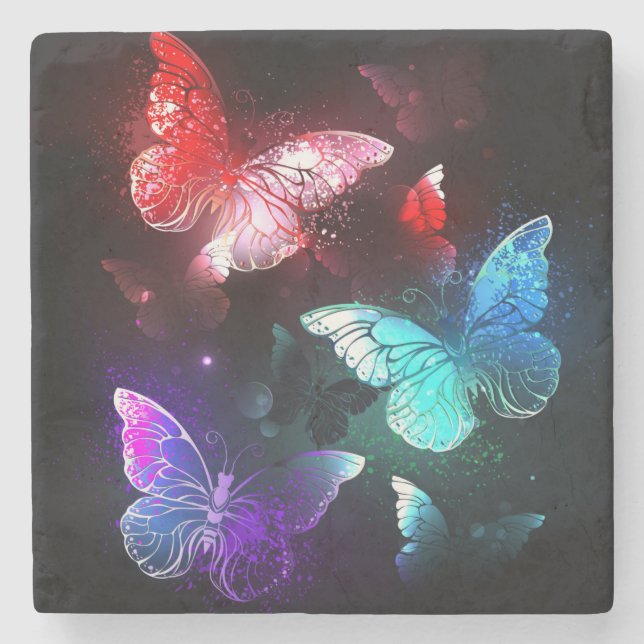 Three Glowing Butterflies on night background Stone Coaster (Front)