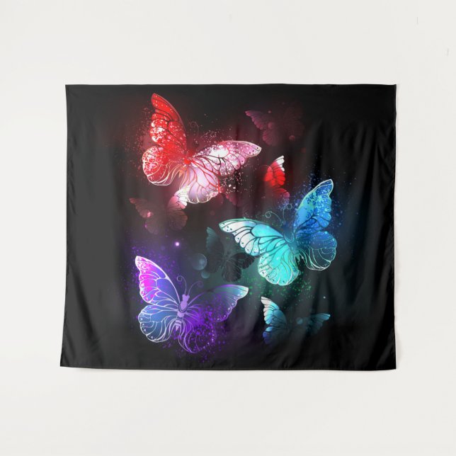Three Glowing Butterflies on night background Tapestry (Front (Horizontal))