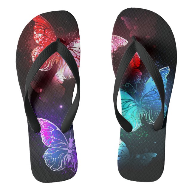 Three Glowing Butterflies on night background Thongs (Footbed)