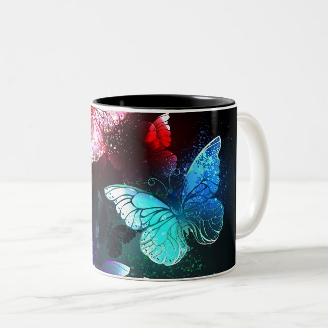 Three Glowing Butterflies on night background Two-Tone Coffee Mug (Front Right)