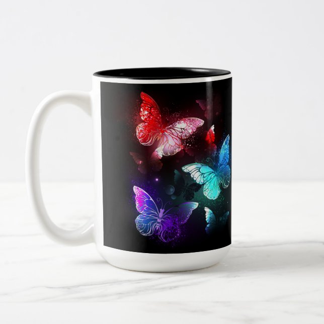 Three Glowing Butterflies on night background Two-Tone Coffee Mug (Left)