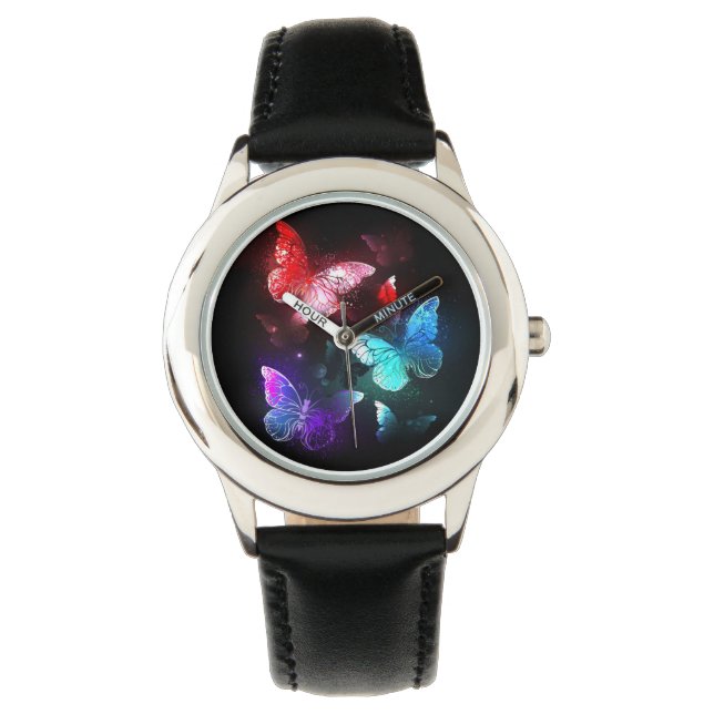 Three Glowing Butterflies on night background Watch (Front)