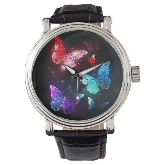 Three Glowing Butterflies on night background Watch (Front)
