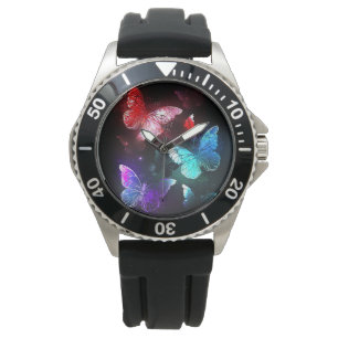 Three Glowing Butterflies on night background Watch