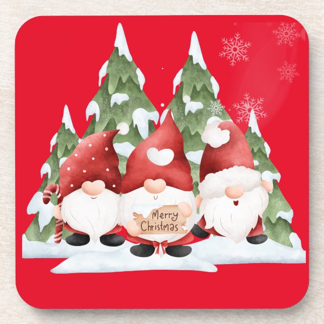 Three Gnome Christmas Hard Plastic Coaster (Front)