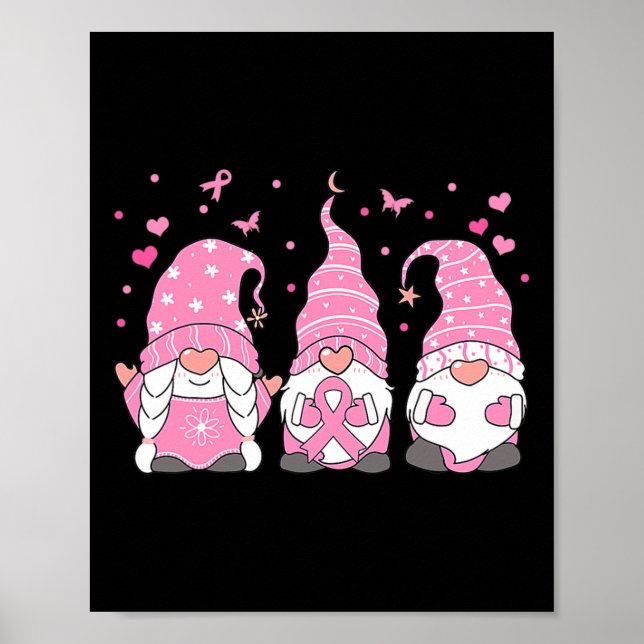 Three Gnome Pink Ribbon Warrior Breast Cancer Awar Poster (Front)