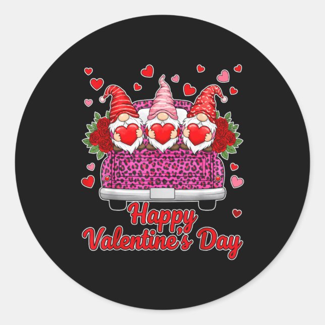 Three Gnomes And Leopard Truck Happy Valentine's D Classic Round Sticker (Front)