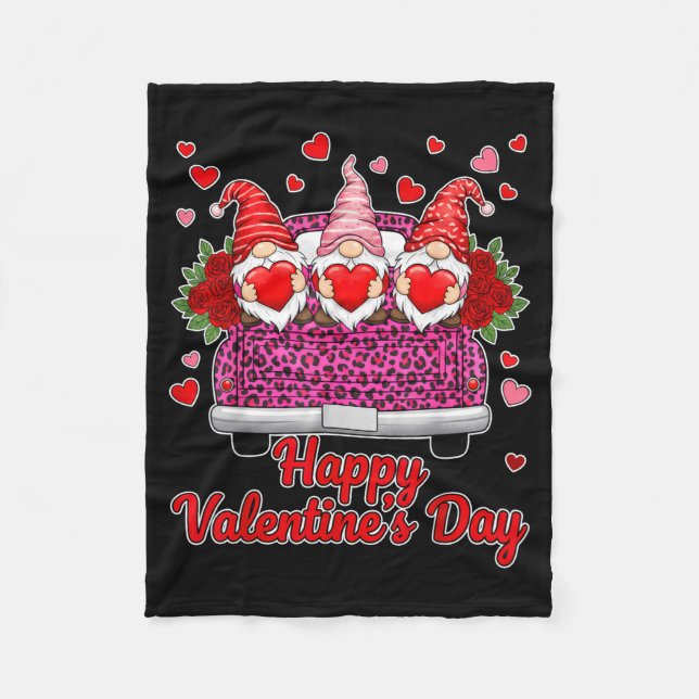 Three Gnomes And Leopard Truck Happy Valentine's D Fleece Blanket (Front)
