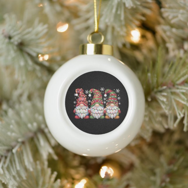 Three Gnomes Buffalo Plaid Red Christmas Ceramic Ball Christmas Ornament (Tree)