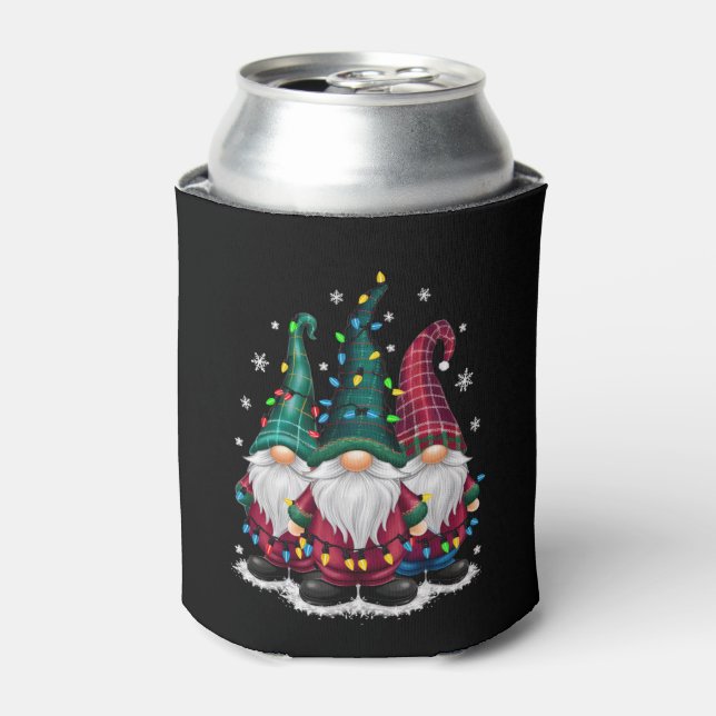Three Gnomes Christmas Lights Xmas Holiday Can Cooler (Can Front)