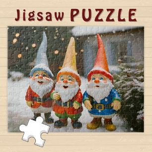 Three Gnomes enjoying snowy outdoor Holiday Season Jigsaw Puzzle