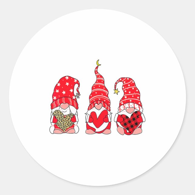 Three Gnomes Holding Heart Leopard Happy Valentine Classic Round Sticker (Front)