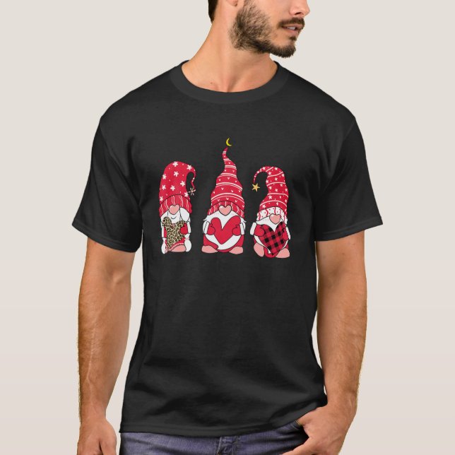 Three Gnomes Holding Heart Leopard Happy Valentine T-Shirt (Front)