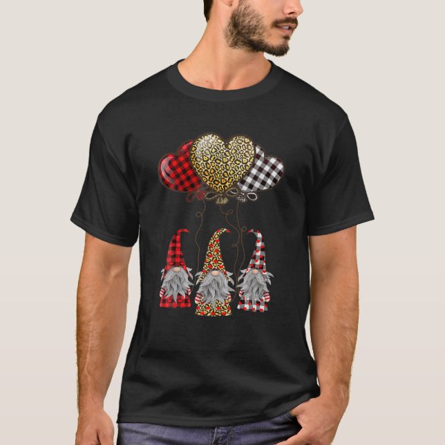 Three Gnomes Holding Hearts Leopard Valentines Day T-Shirt (Front)