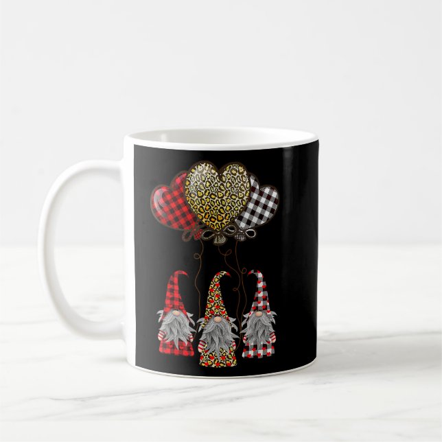 Three Gnomes Holding Hearts Red Plaid Leopard Vale Coffee Mug (Left)
