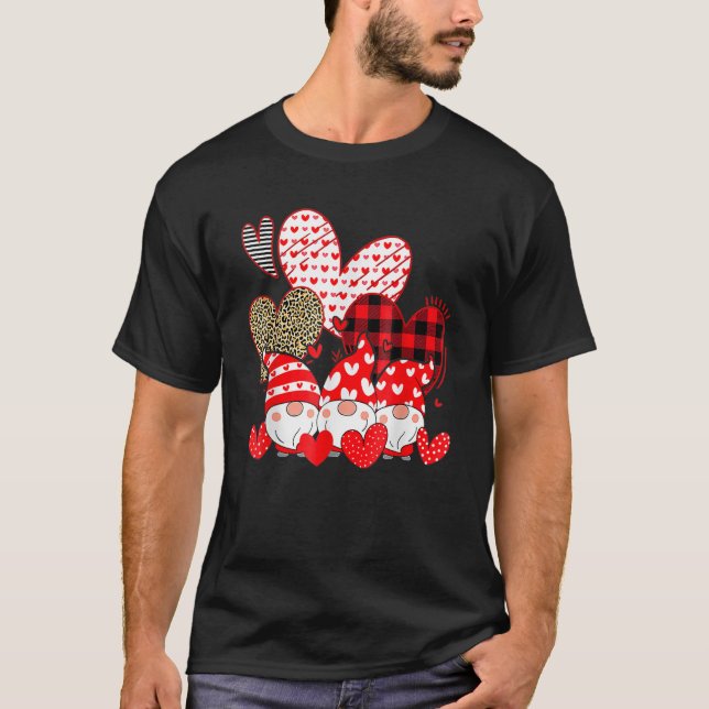 Three Gnomes Holding Hearts Valentines Day Red Buf T-Shirt (Front)