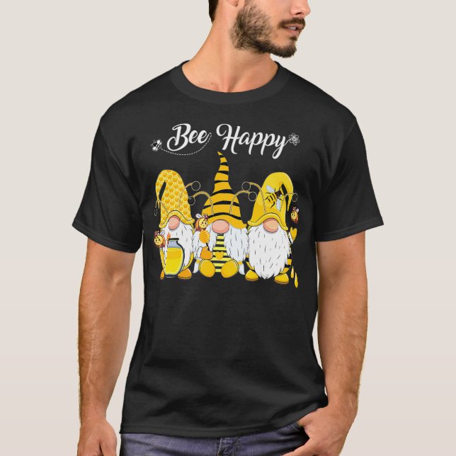 Three Gnomes Holding Honey Bee Happy Bee Gnome Spr T-Shirt (Front)