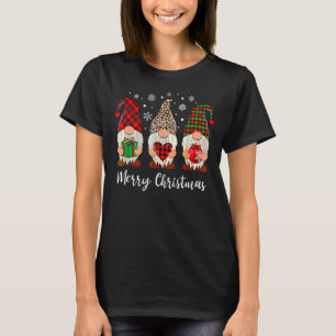 Three Gnomes Holding Merry Christmas Leopard Plaid T-Shirt