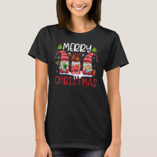 Three Gnomes Holding Merry Christmas Leopard Plaid T-Shirt