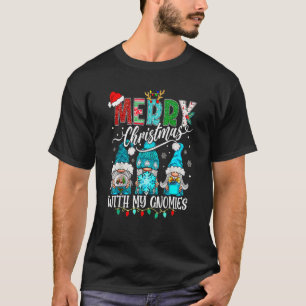 Three Gnomes Holding Merry Christmas Leopard Plaid T-Shirt
