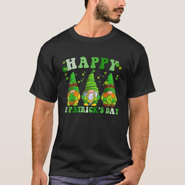 Three Gnomes Holding Shamrock Groovy Happy St Patr T-Shirt (Front)