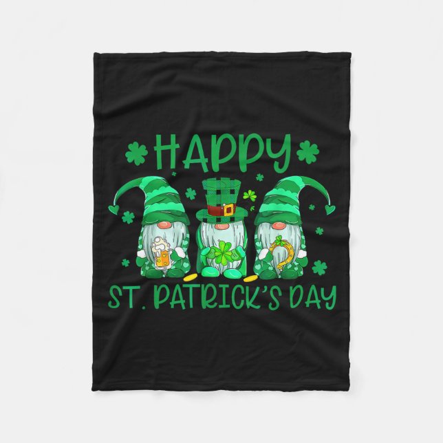 Three gnomes holding shamrock leopard plaid st fleece blanket (Front)